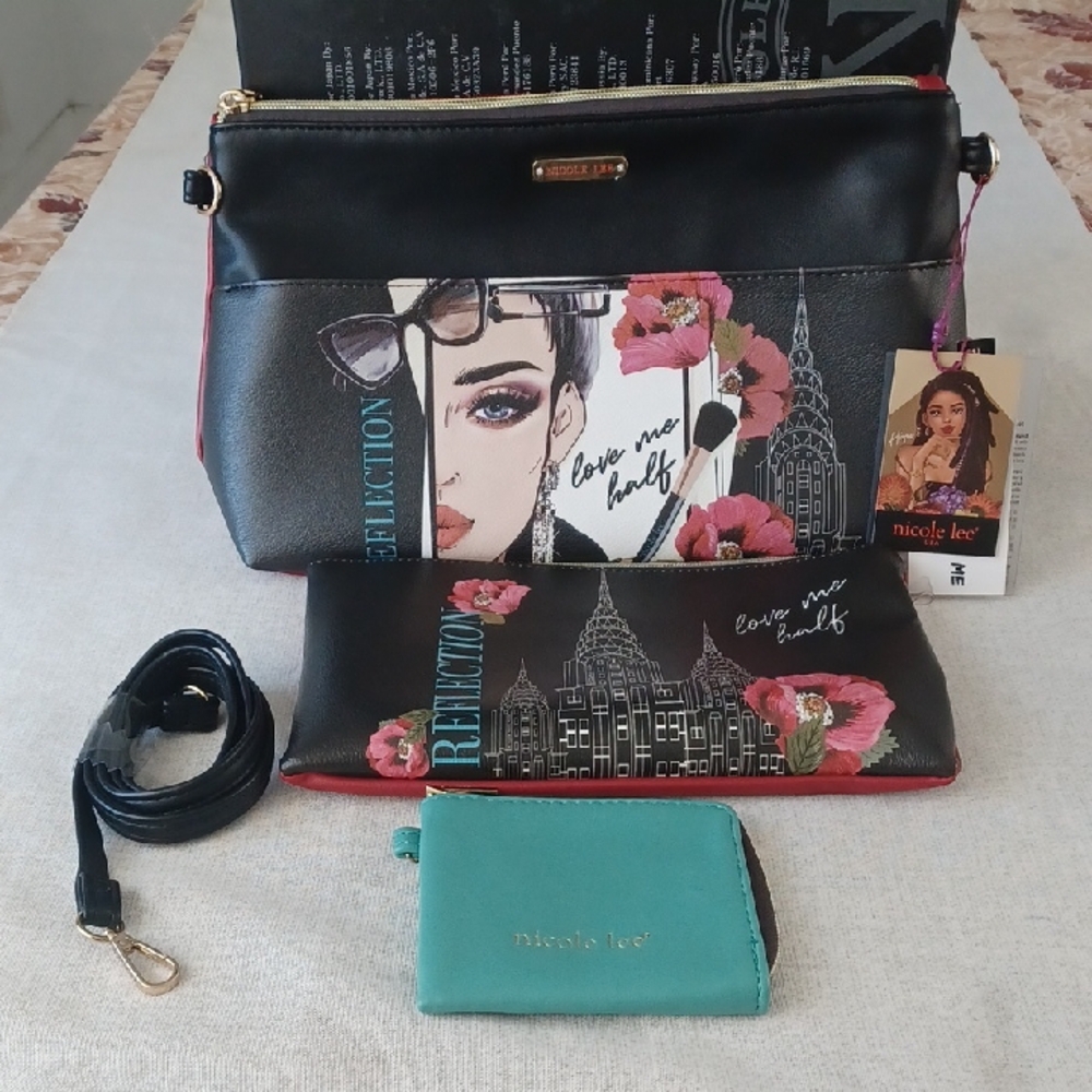 Nicole Lee Black and Red Crossbody Bag with Teal Wallet